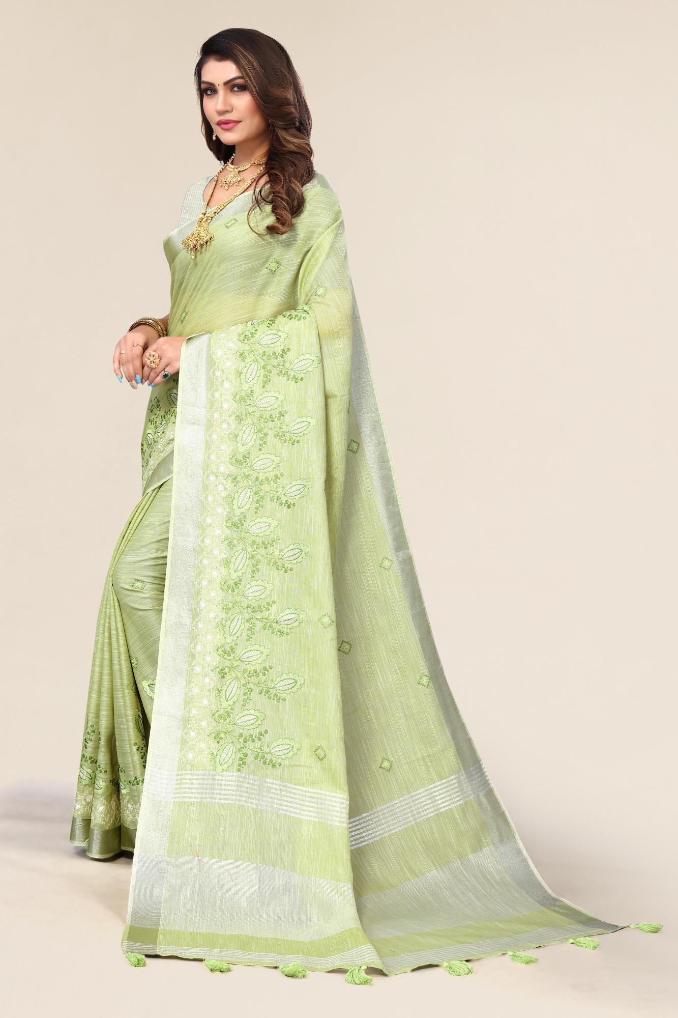 Green Linen Cotton Embroidery Saree