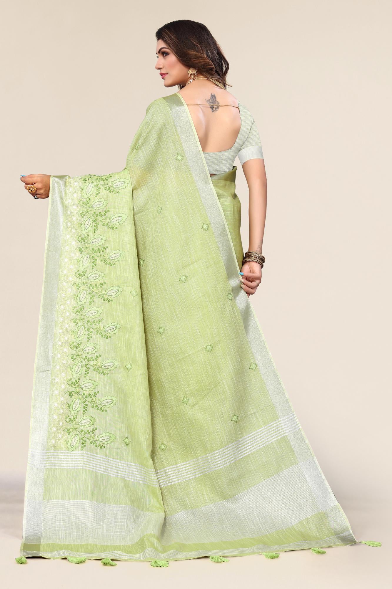 Green Linen Cotton Embroidery Saree