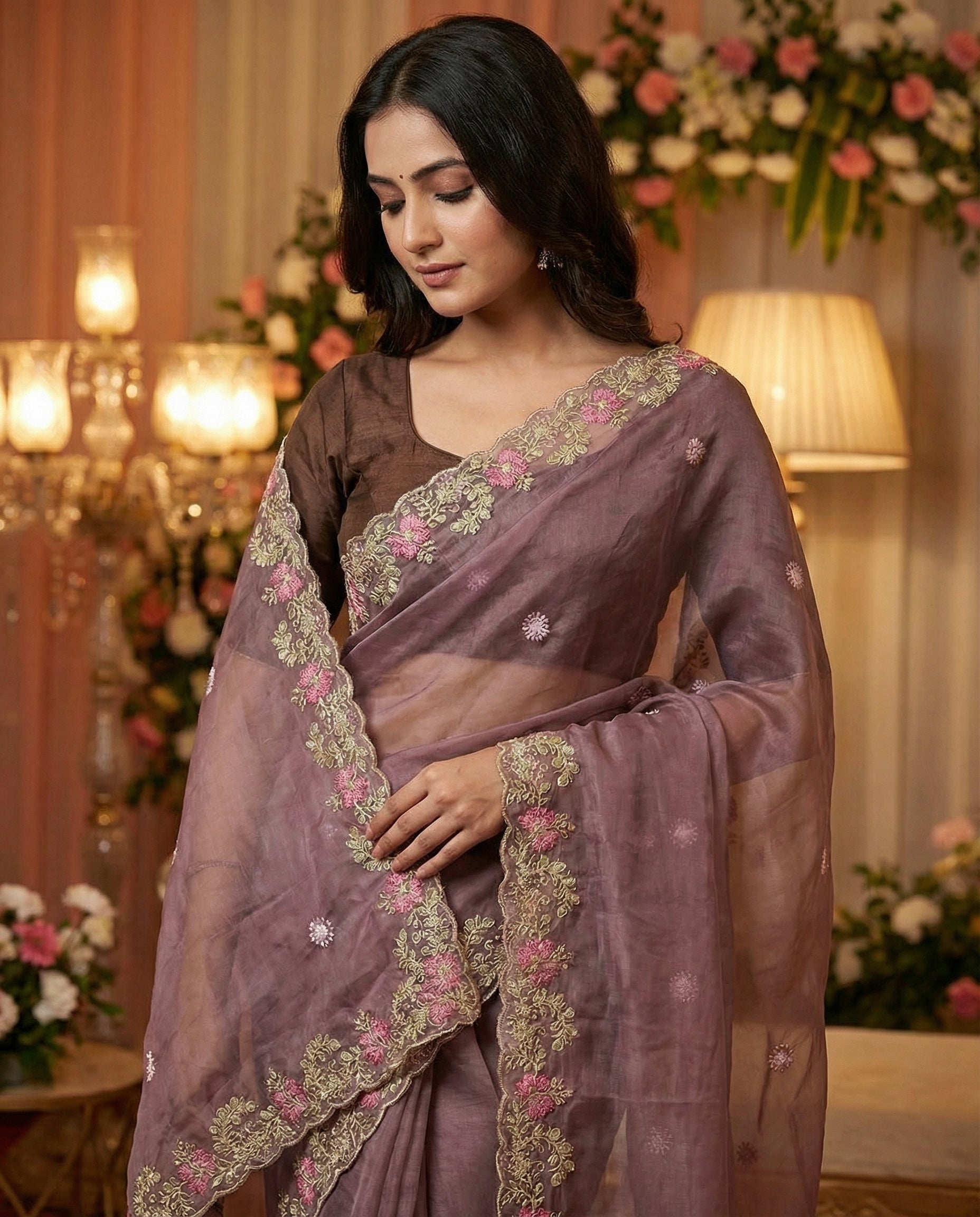 Brown Floral Sequins Jimmy Choo Saree