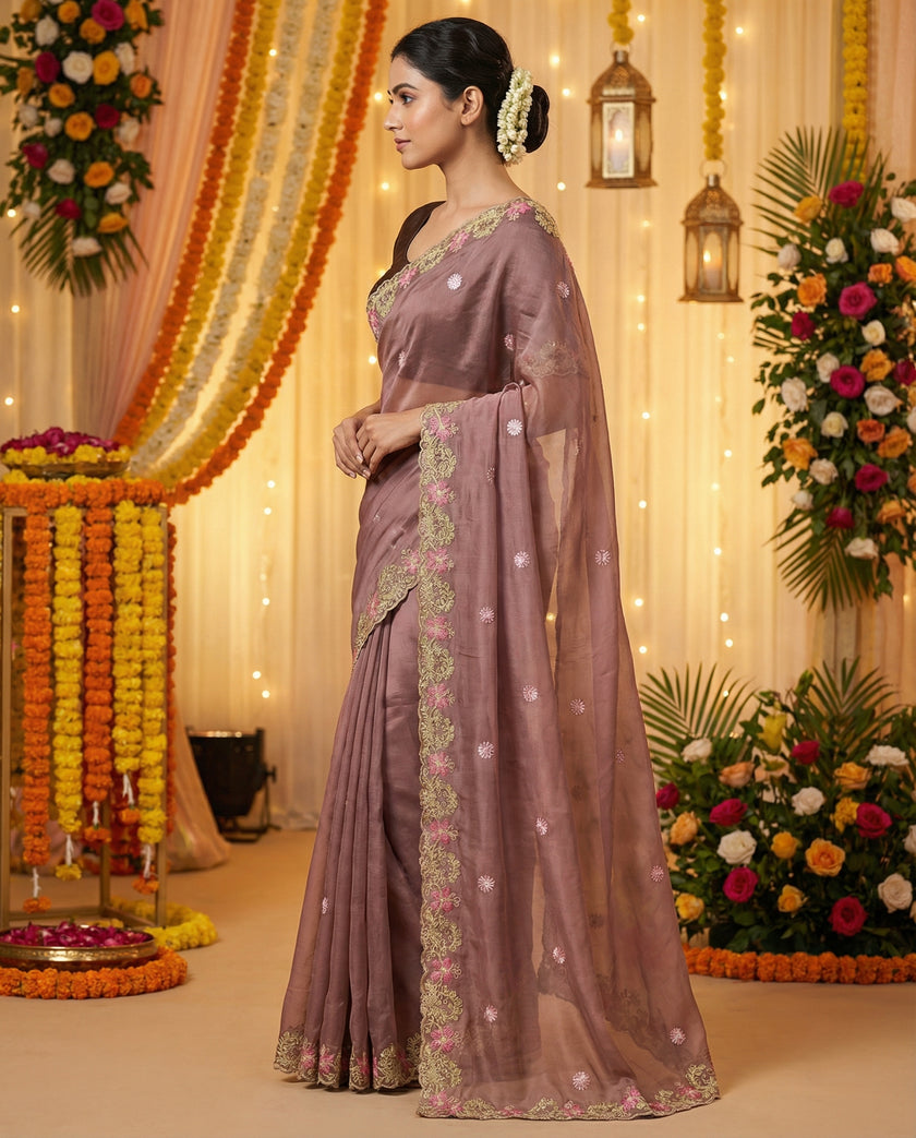 Brown Floral Sequins Jimmy Choo Saree