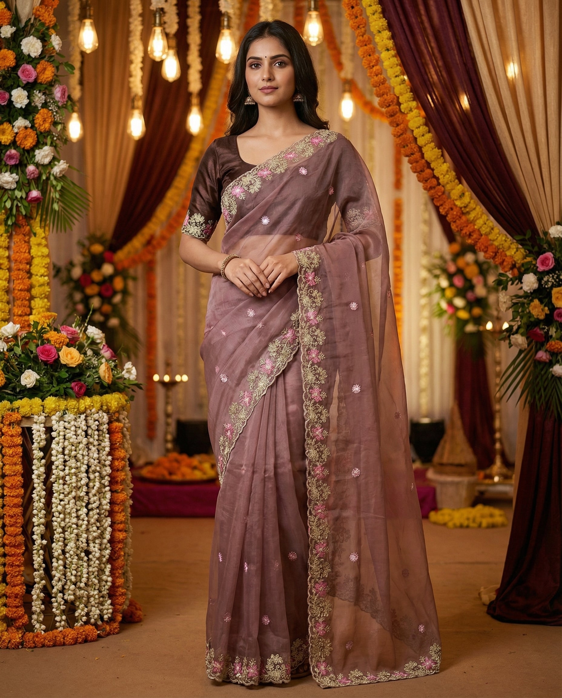 Brown Floral Sequins Jimmy Choo Saree