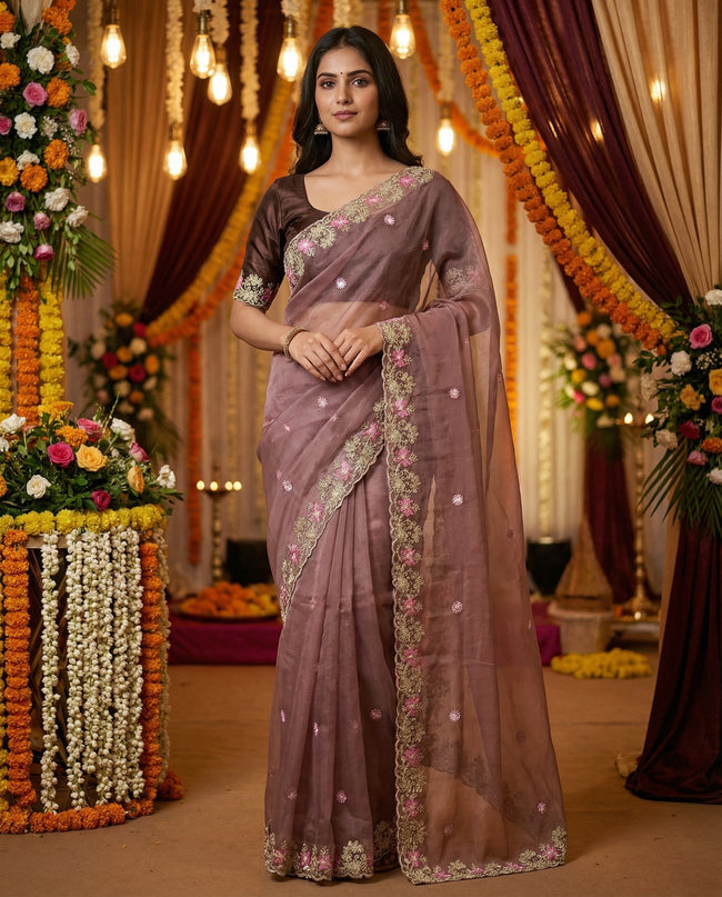 Brown Floral Sequins Jimmy Choo Saree