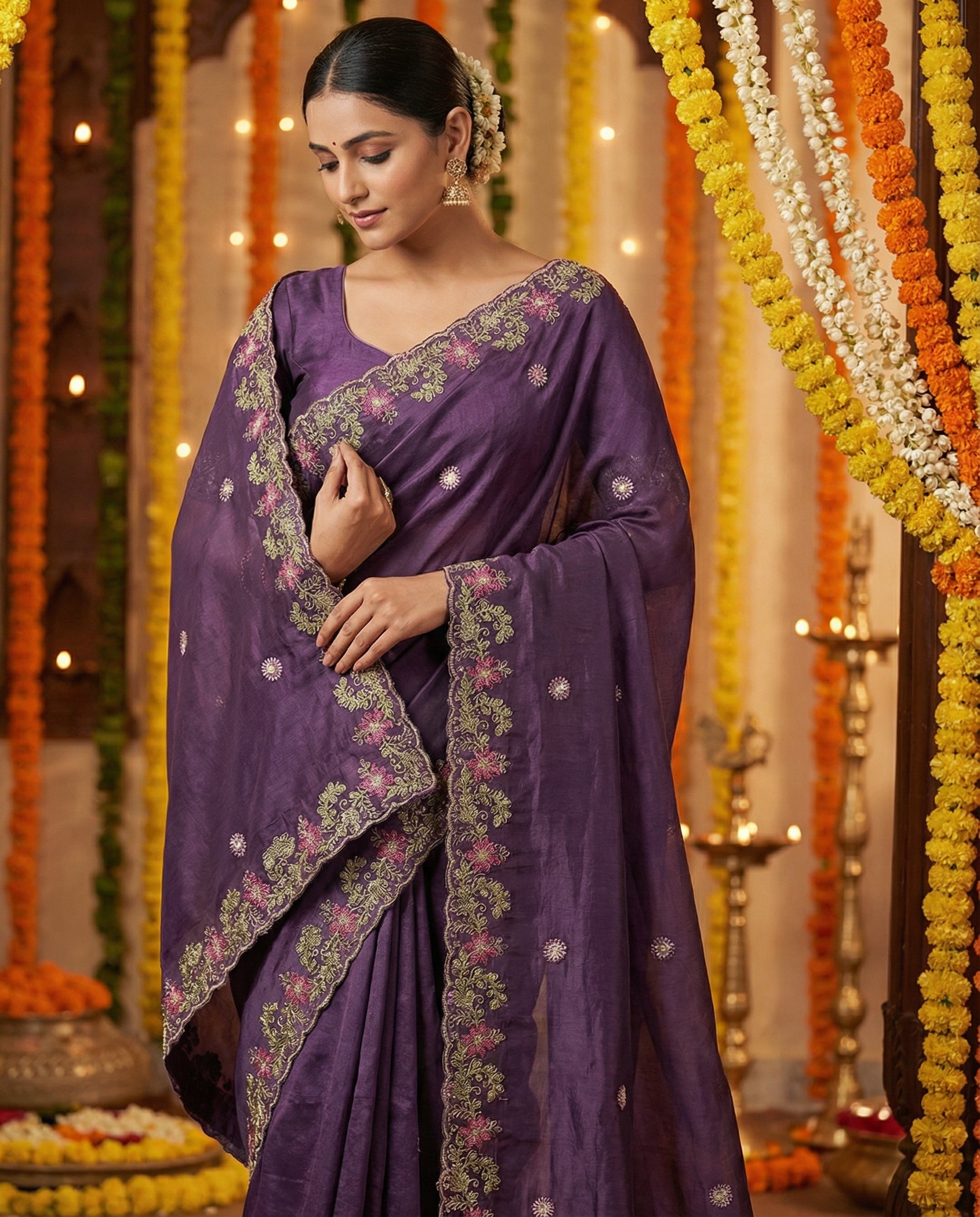 Wine Floral Sequins Jimmy Choo Saree
