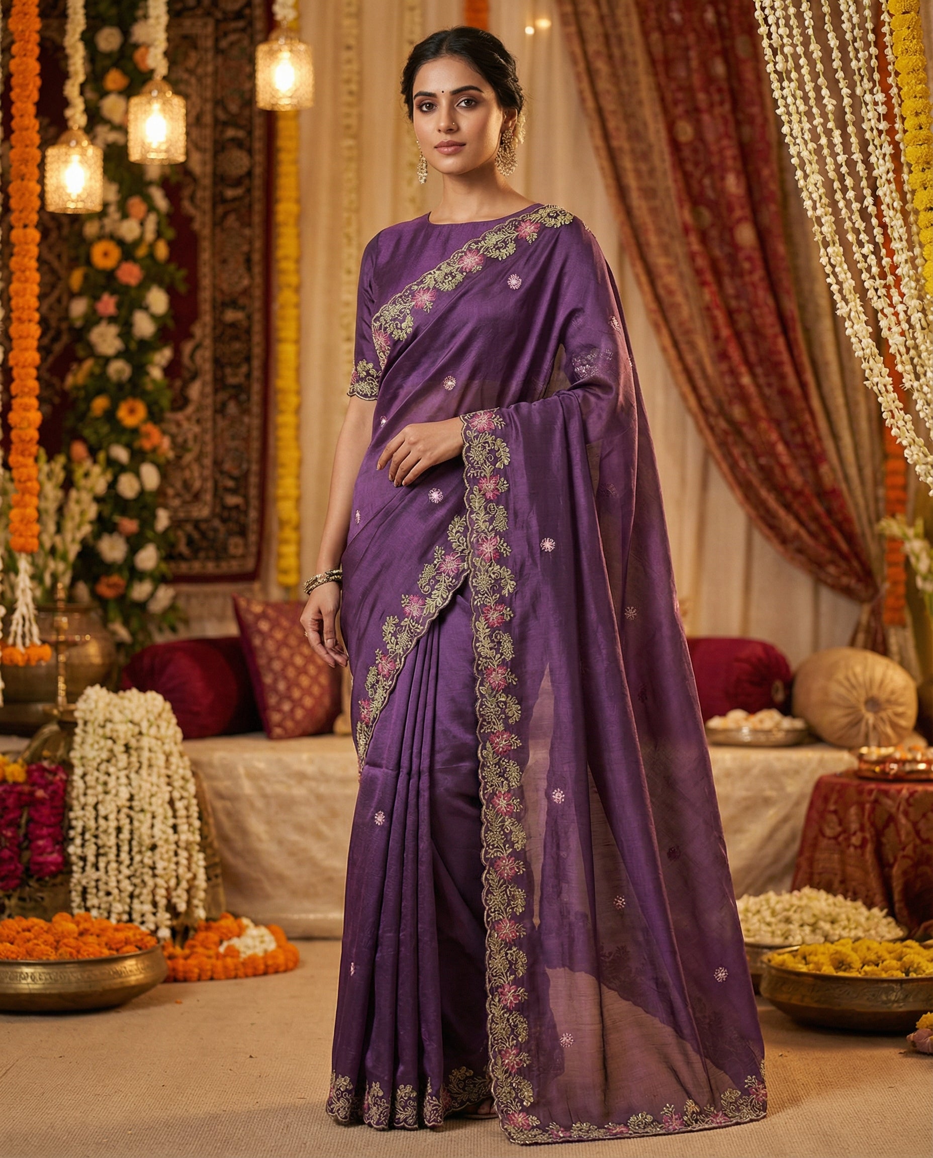 Wine Floral Sequins Jimmy Choo Saree