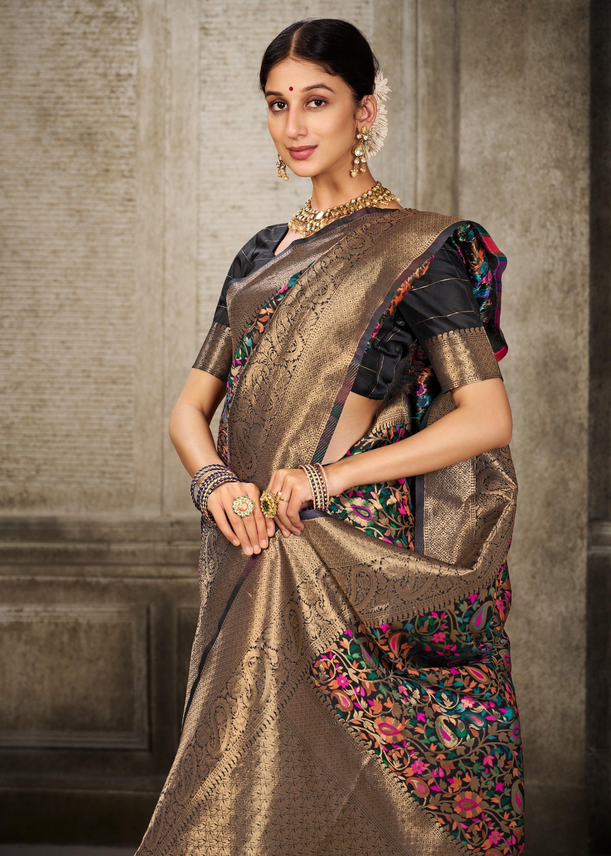 Black Pashmina Banarasi Silk Saree