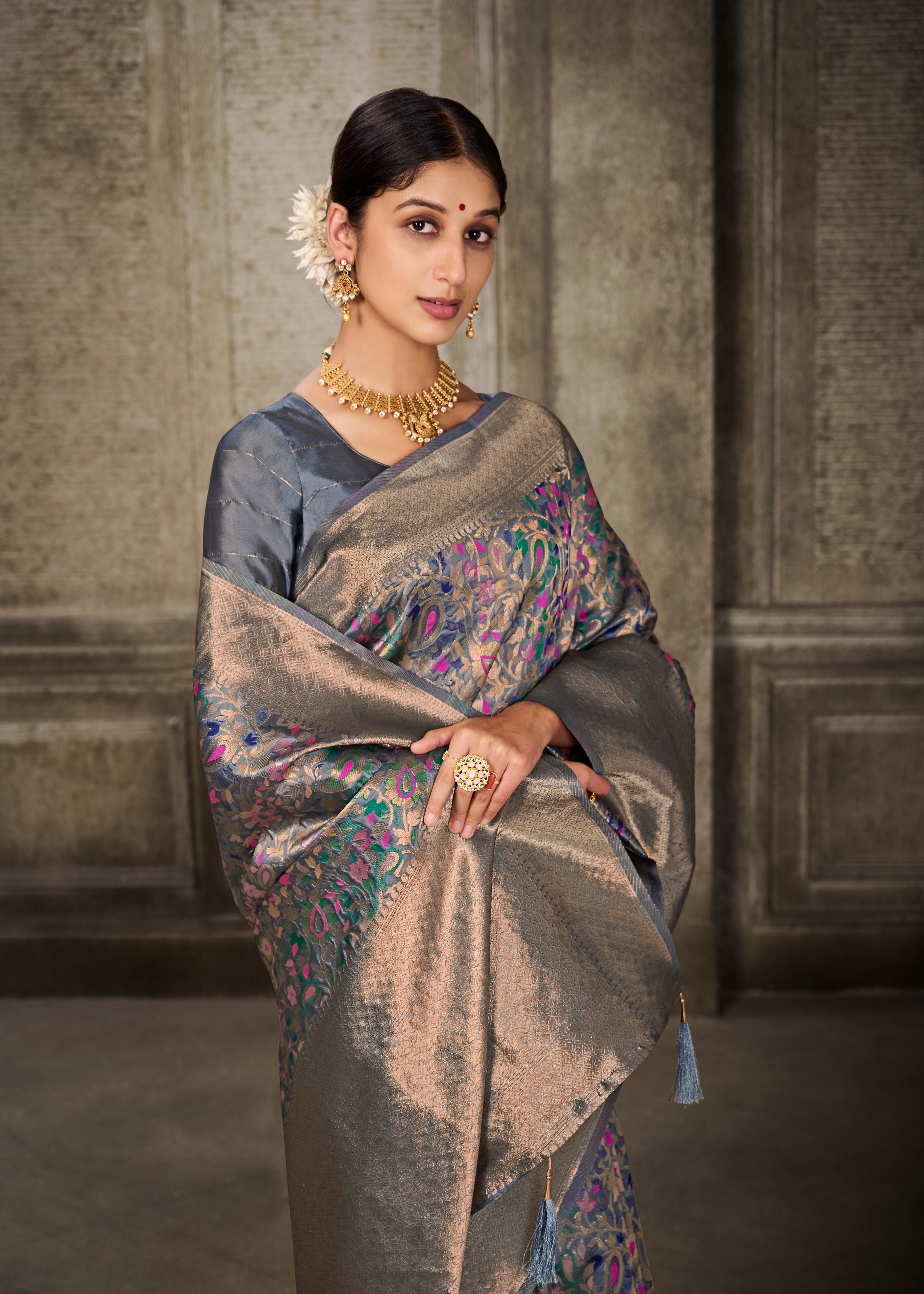 Grey Pashmina Banarasi Silk Saree