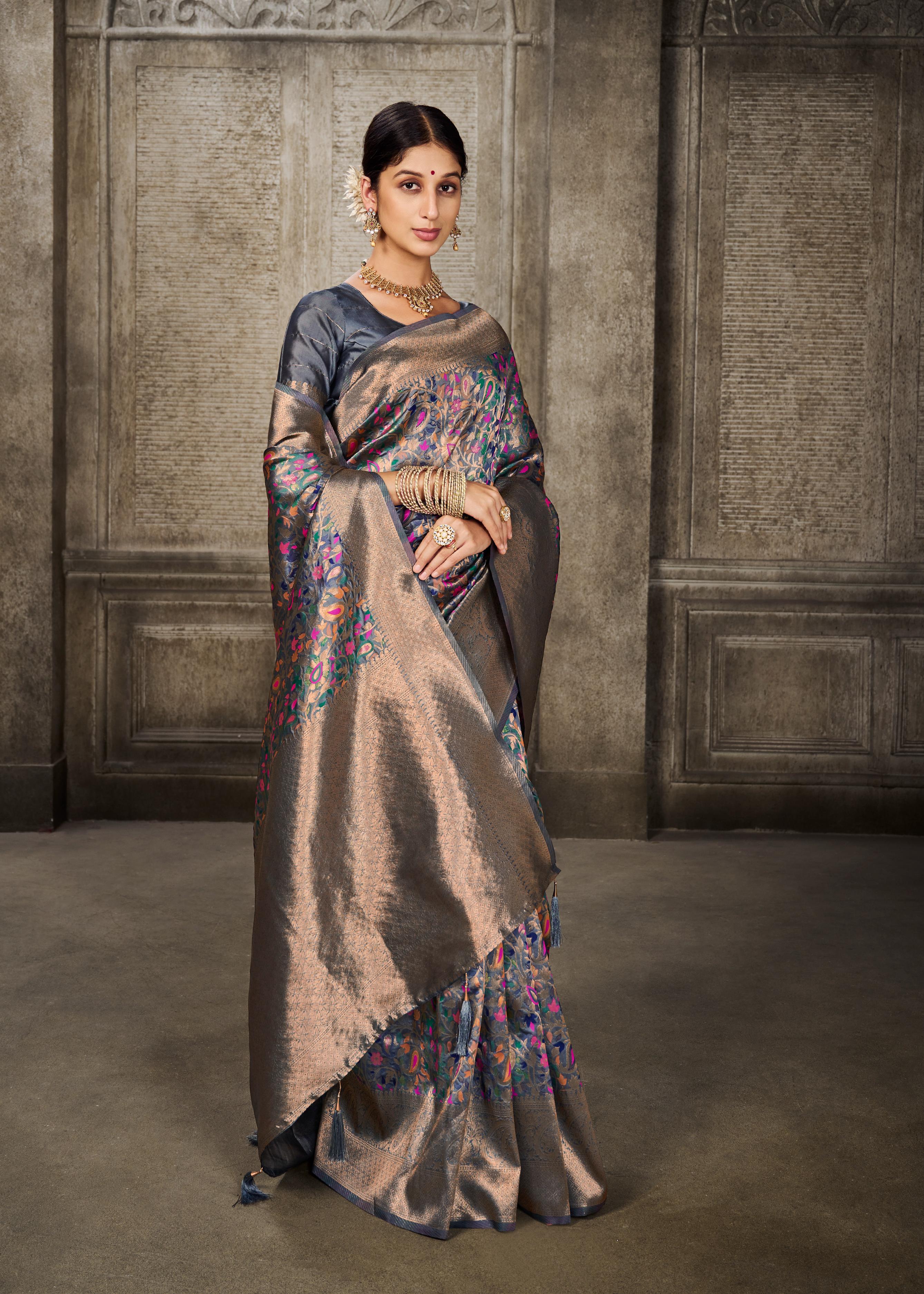 Grey Pashmina Banarasi Silk Saree