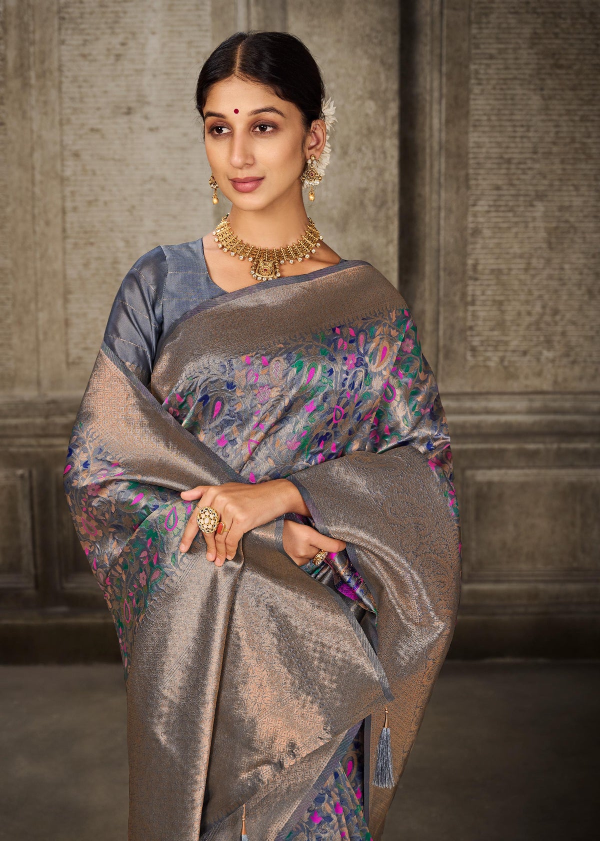 Grey Pashmina Banarasi Silk Saree