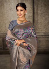 Grey Pashmina Banarasi Silk Saree