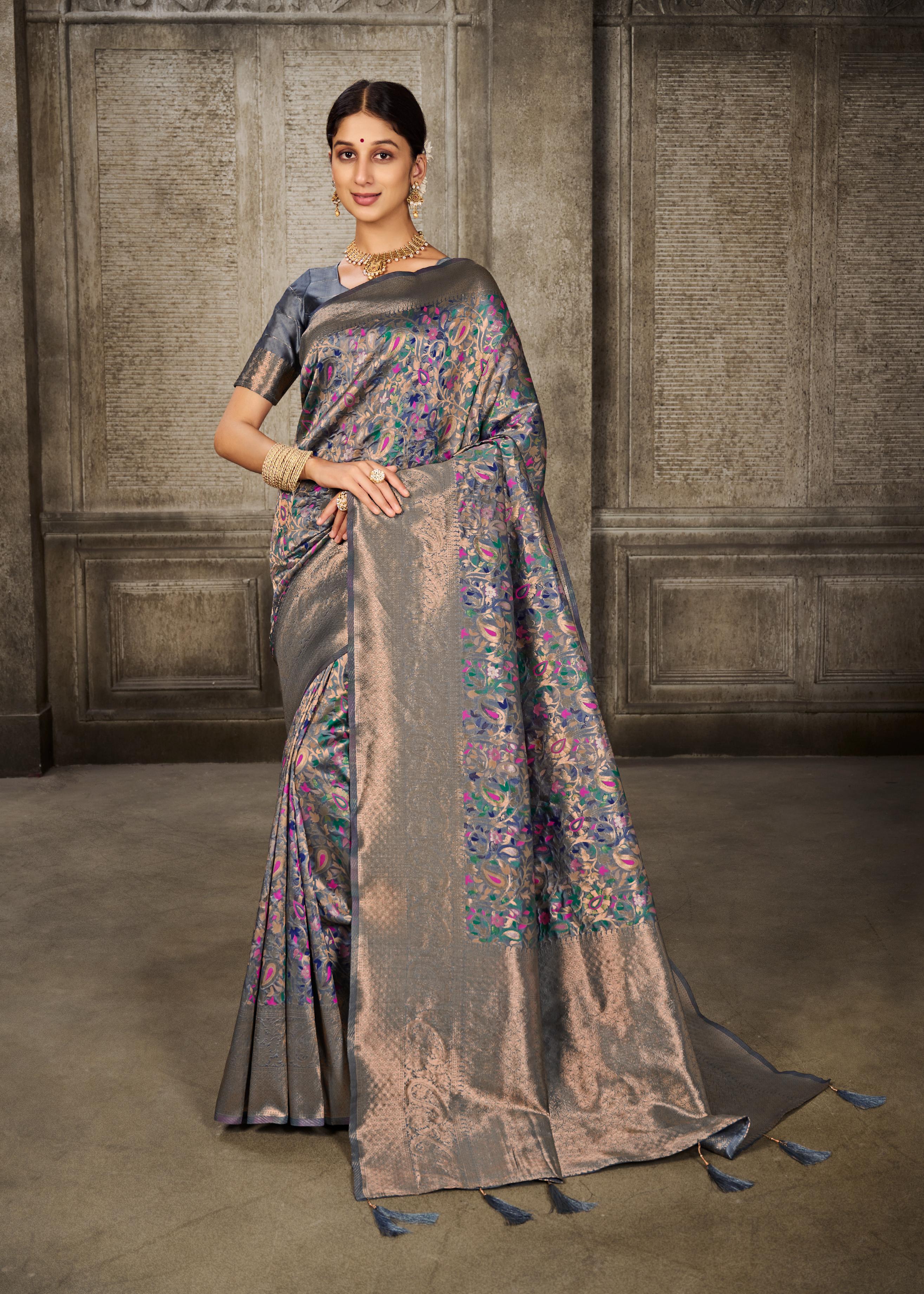 Grey Pashmina Banarasi Silk Saree