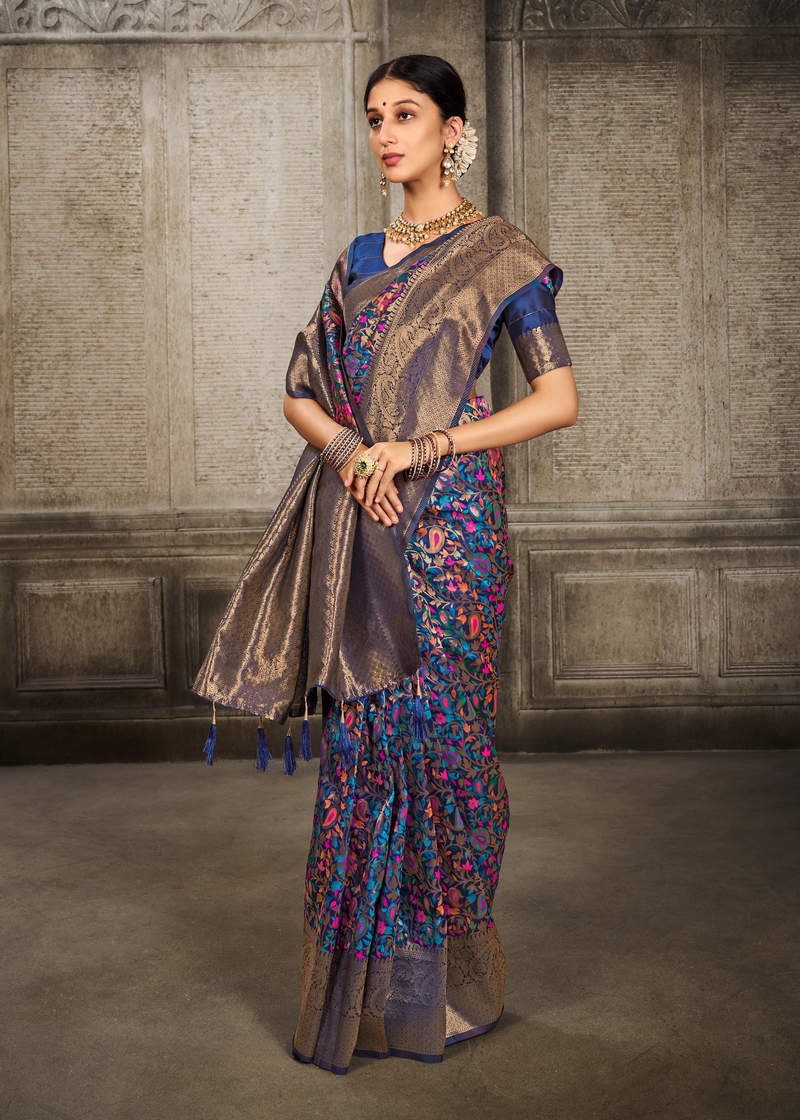 Navy Blue Pashmina Banarasi Silk Saree