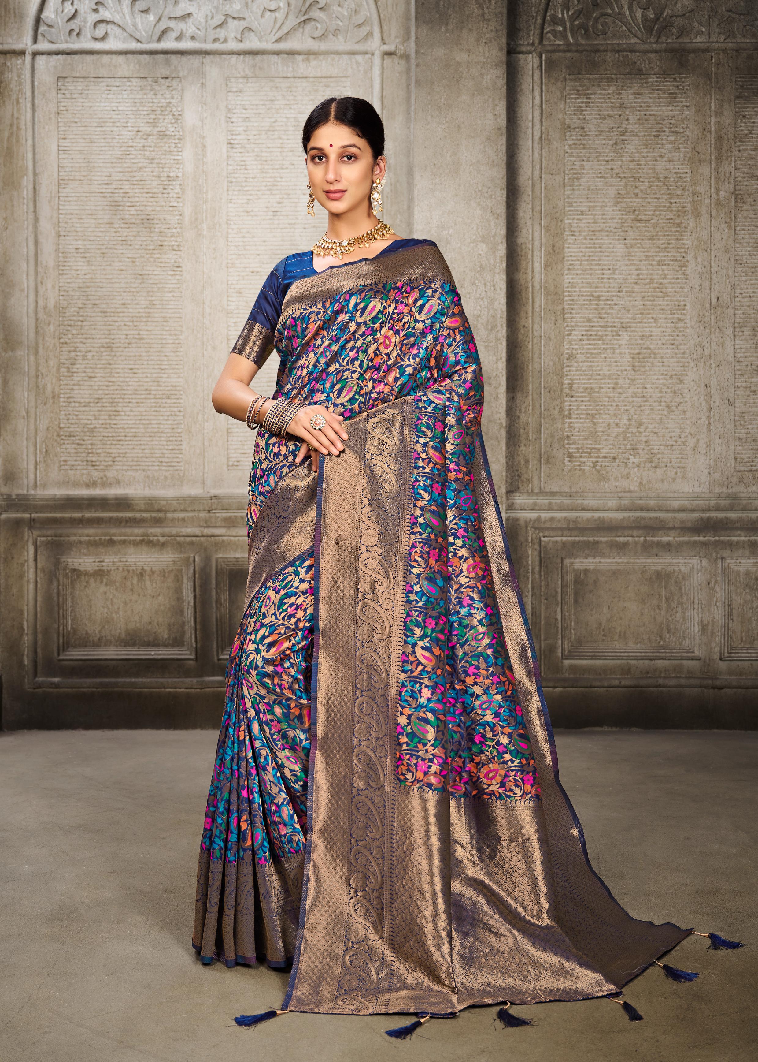 Navy Blue Pashmina Banarasi Silk Saree