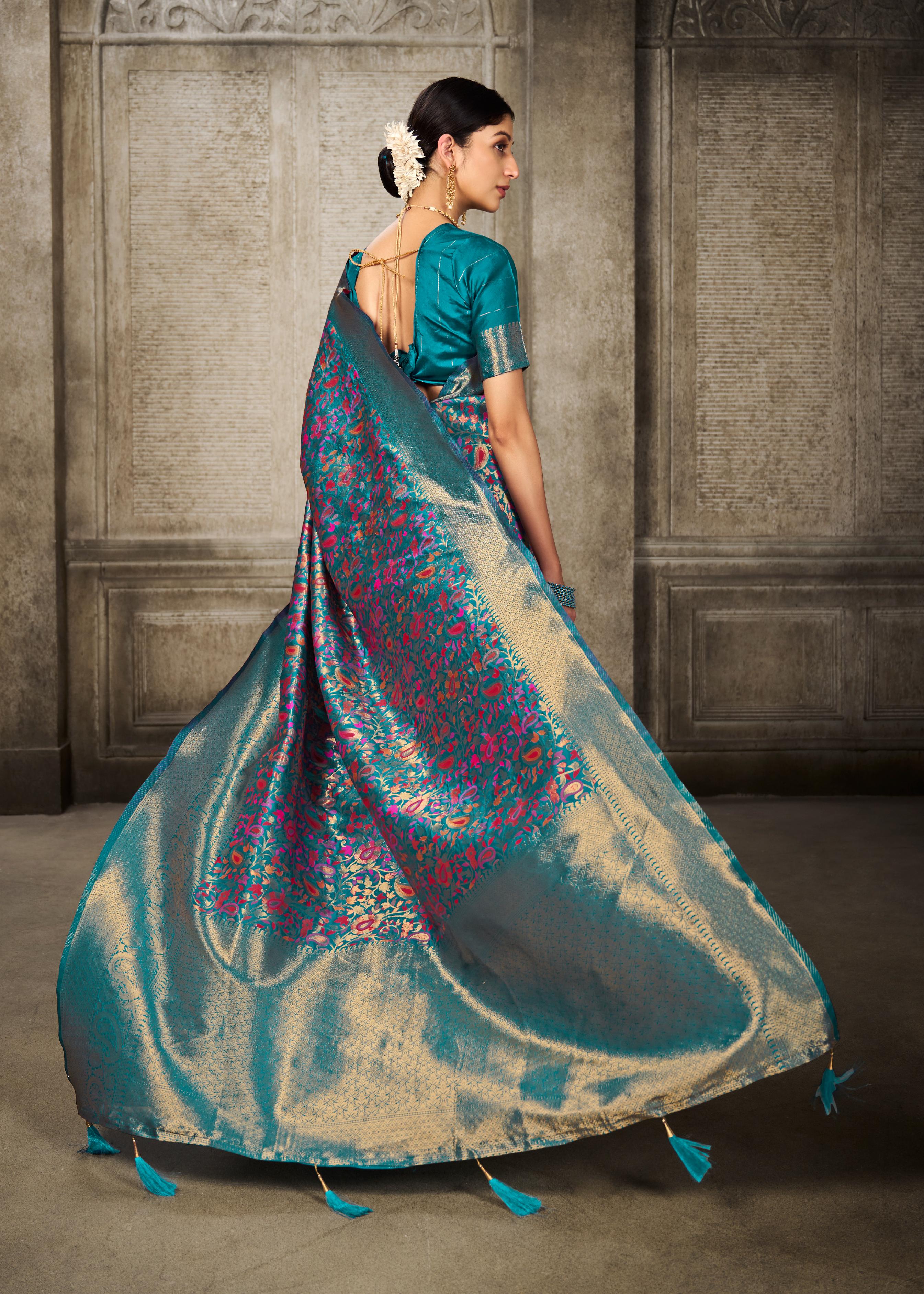 Turquoise Blue Pashmina Banarasi Silk Saree