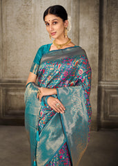 Turquoise Blue Pashmina Banarasi Silk Saree