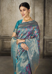 Turquoise Blue Pashmina Banarasi Silk Saree