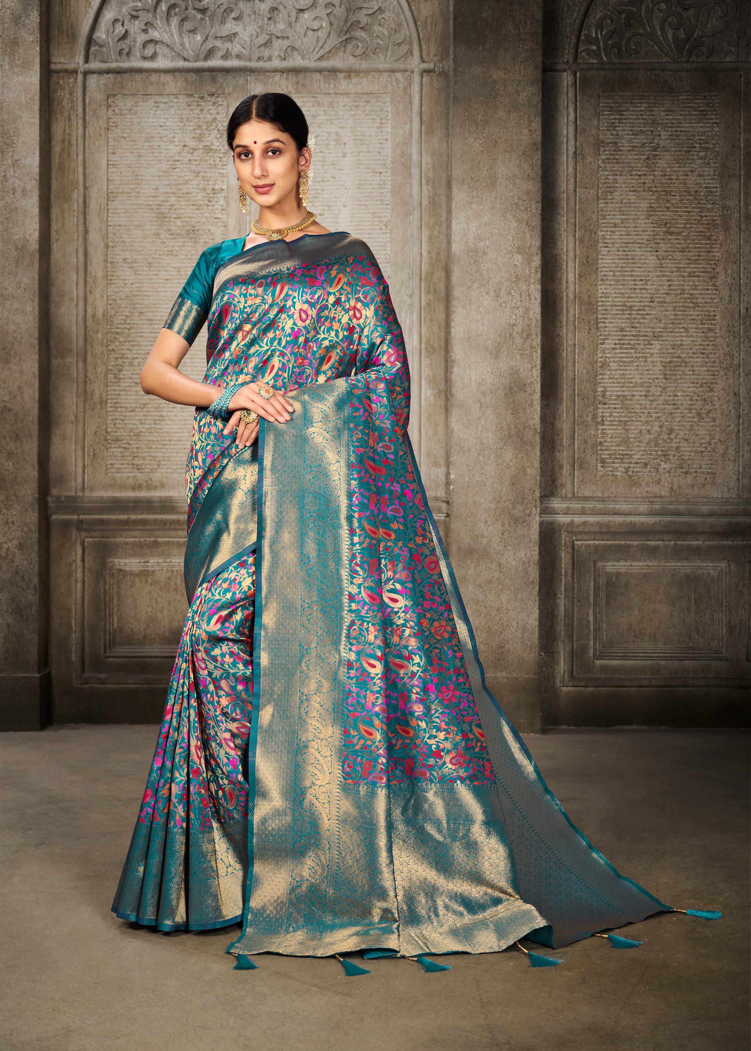 Turquoise Blue Pashmina Banarasi Silk Saree