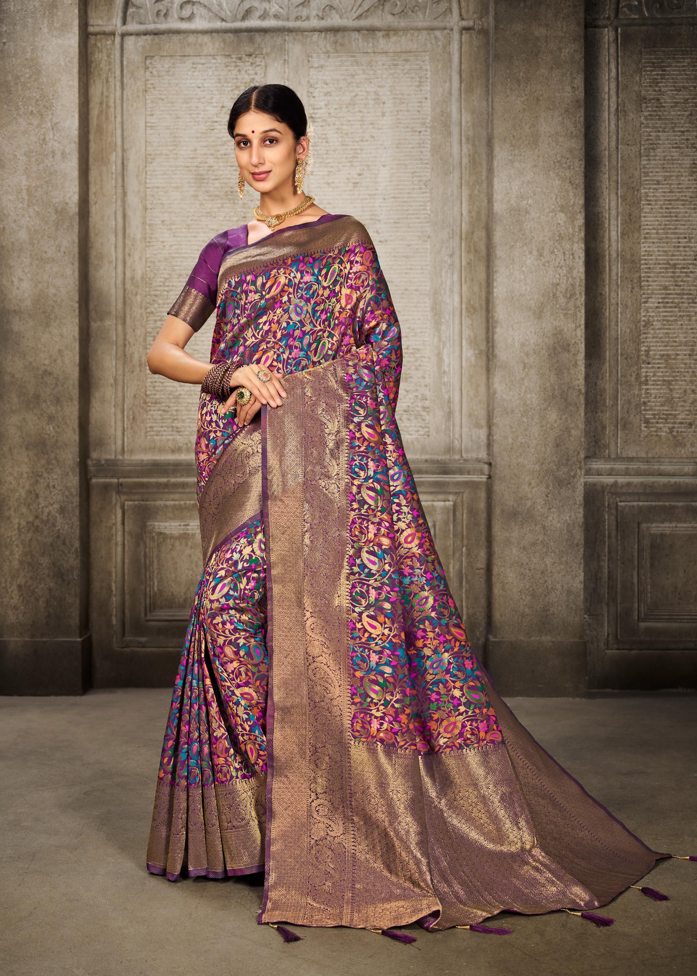 Wine Pashmina Banarasi Silk Saree