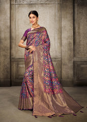 Wine Pashmina Banarasi Silk Saree