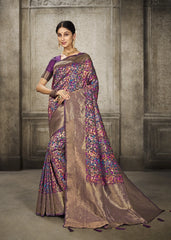 Wine Pashmina Banarasi Silk Saree