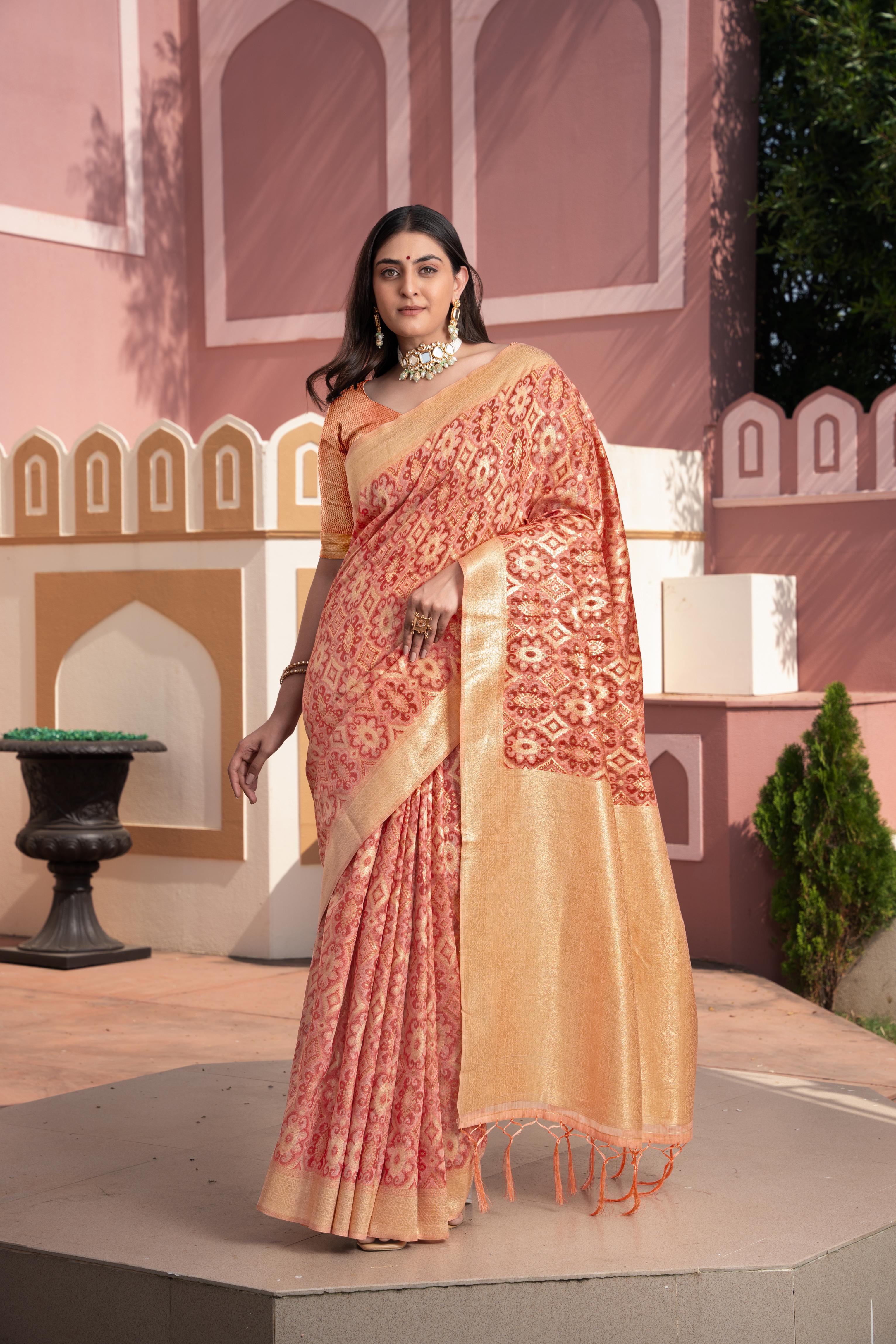 Peach Zari Woven Cotton Silk Saree