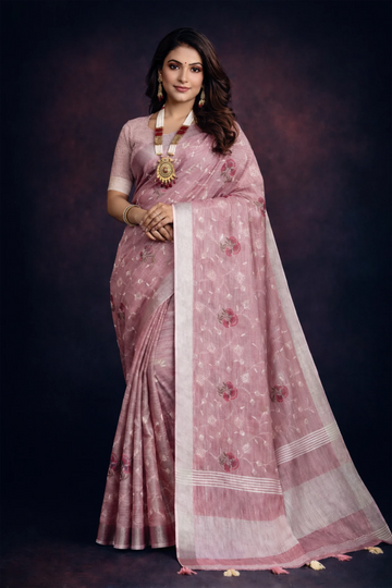 Dark Pink Embroidered Linen Saree