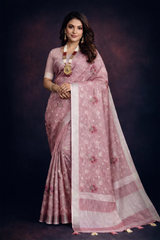 Dark Pink Embroidered Linen Saree