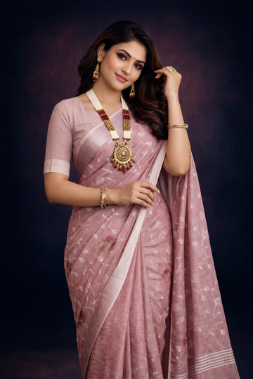 Dark Pink Embroidered Linen Saree