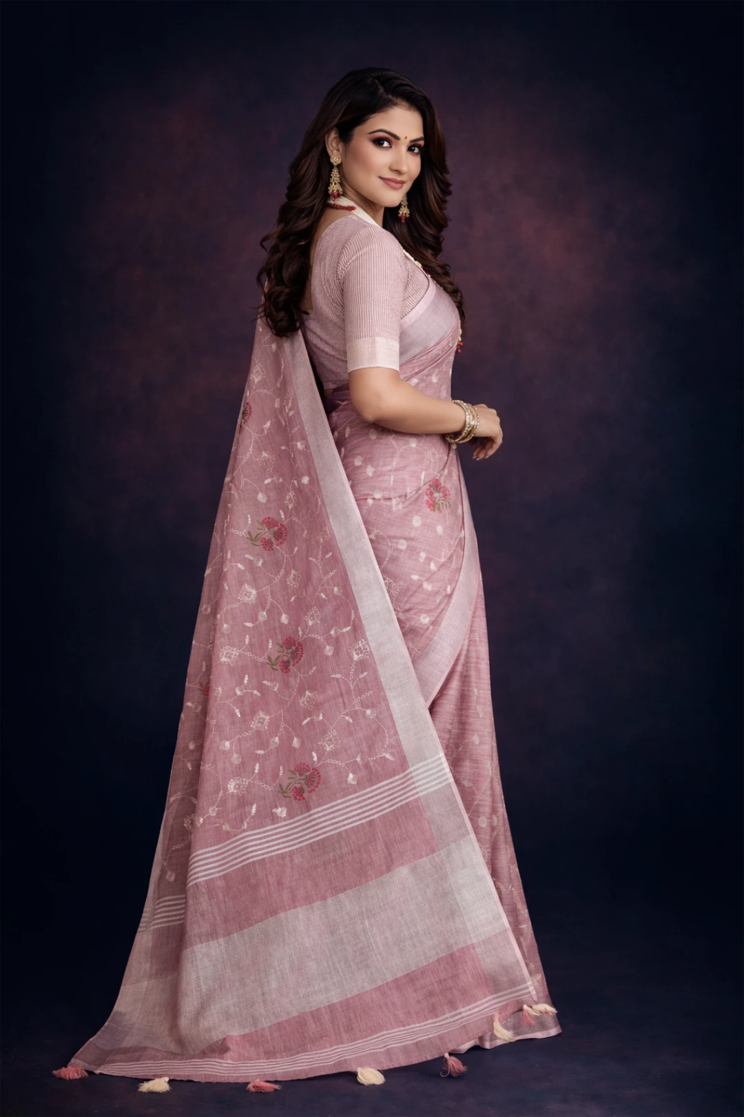 Dark Pink Embroidered Linen Saree