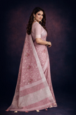 Dark Pink Embroidered Linen Saree