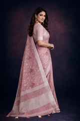 Dark Pink Embroidered Linen Saree