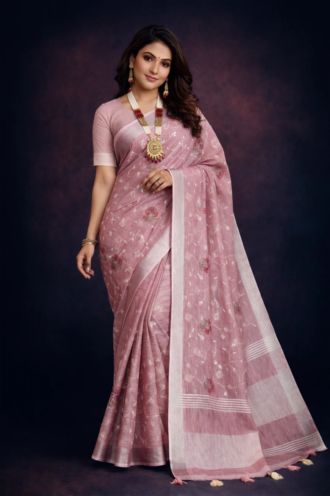 Dark Pink Embroidered Linen Saree