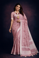 Dark Pink Embroidered Linen Saree