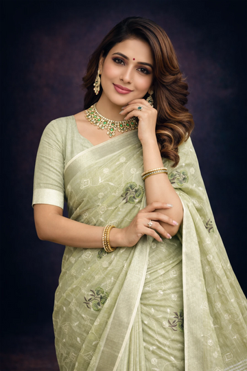 Green Embroidered Cotton Linen saree