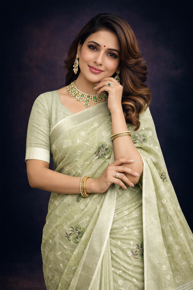 Green Embroidered Cotton Linen saree