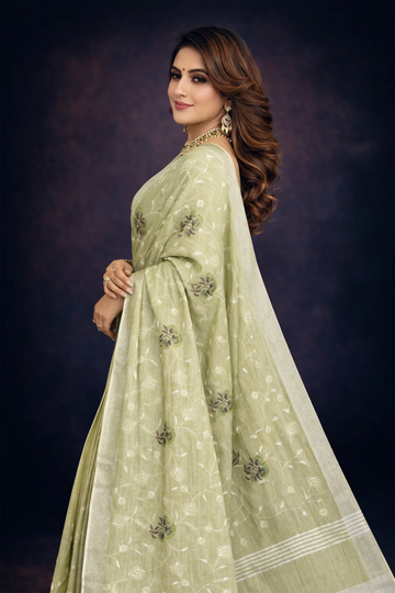 Green Embroidered Cotton Linen saree