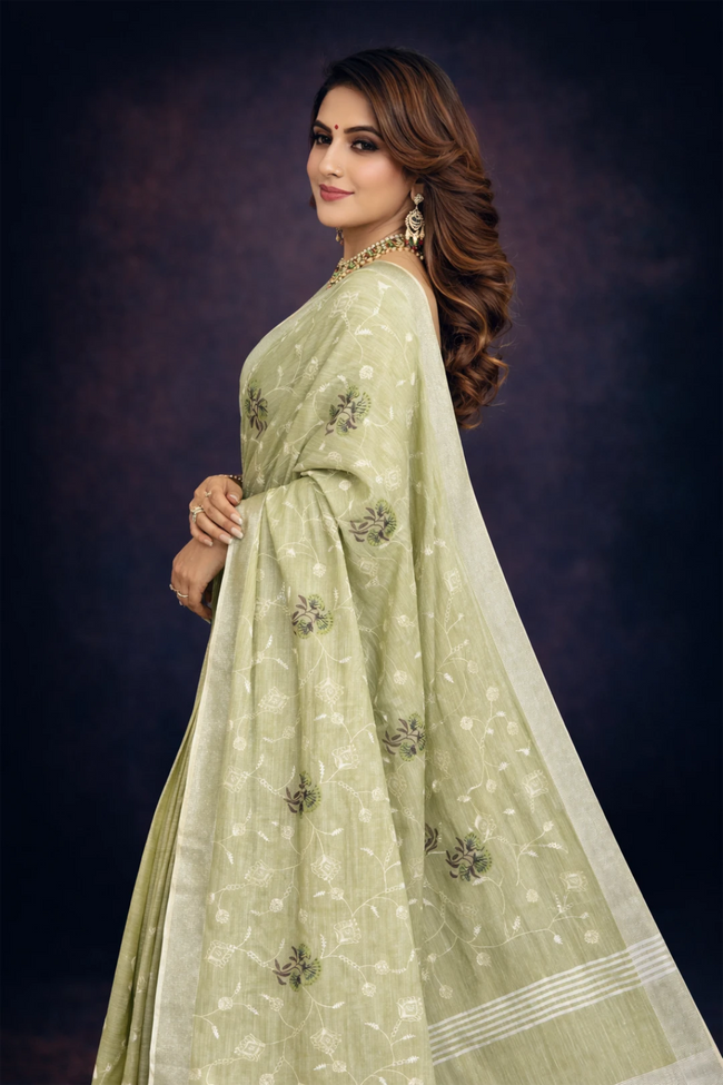 Green Embroidered Cotton Linen saree
