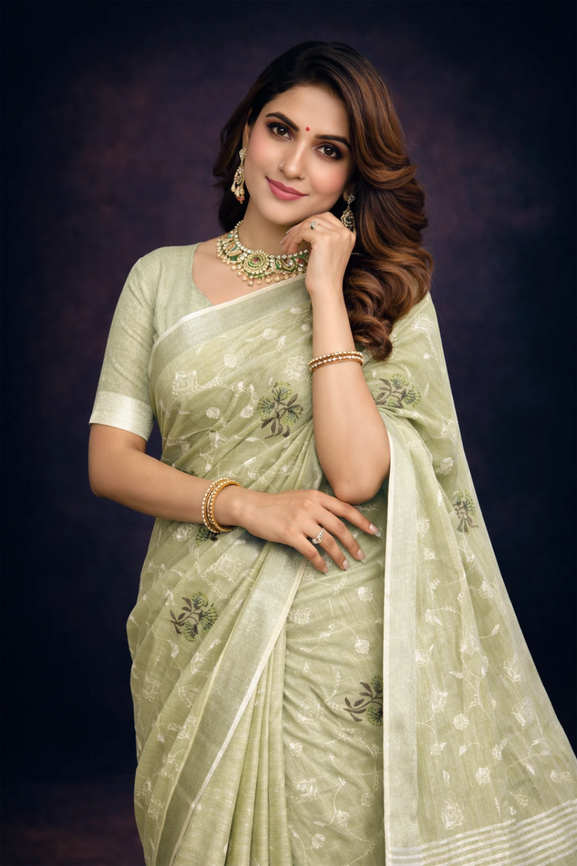 Green Embroidered Cotton Linen saree
