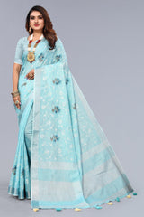 Blue Embroidered Cotton Linen saree