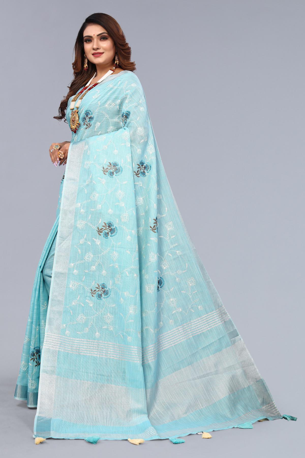 Blue Embroidered Cotton Linen saree