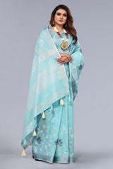 Blue Embroidered Cotton Linen saree