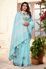 Blue Embroidered Cotton Linen saree