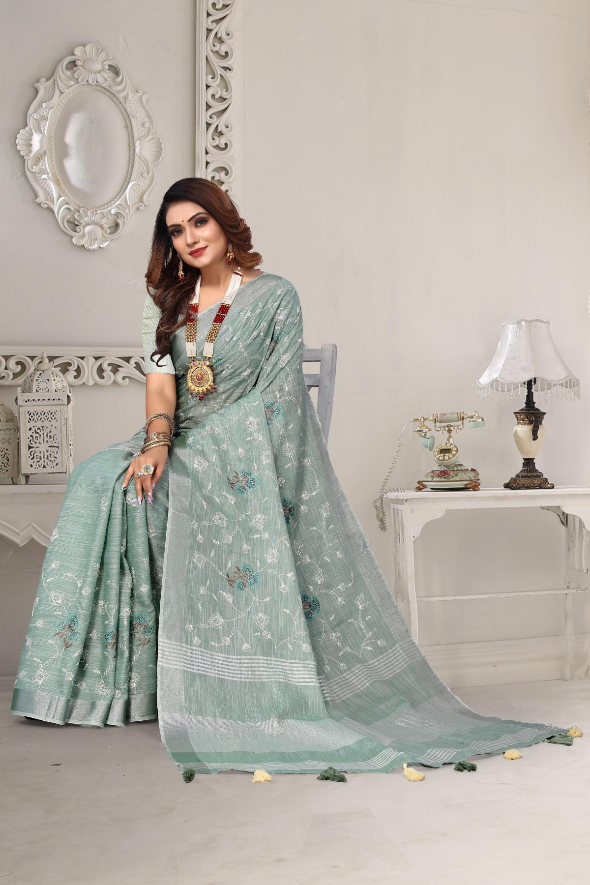 Sea Green Embroidered Cotton linen saree