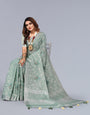 Sea Green Embroidered Cotton linen saree