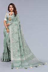 Sea Green Embroidered Cotton linen saree