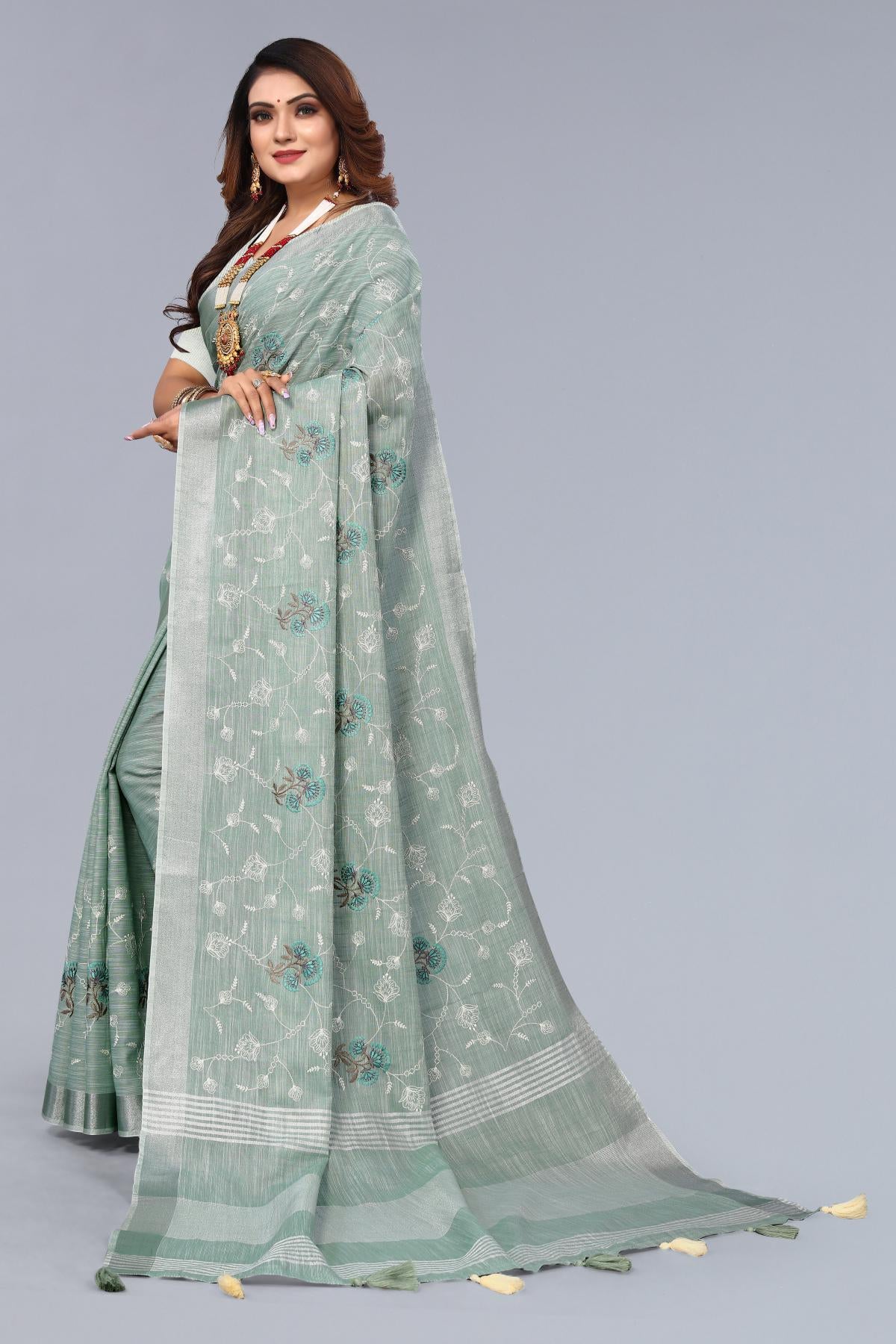 Sea Green Embroidered Cotton linen saree