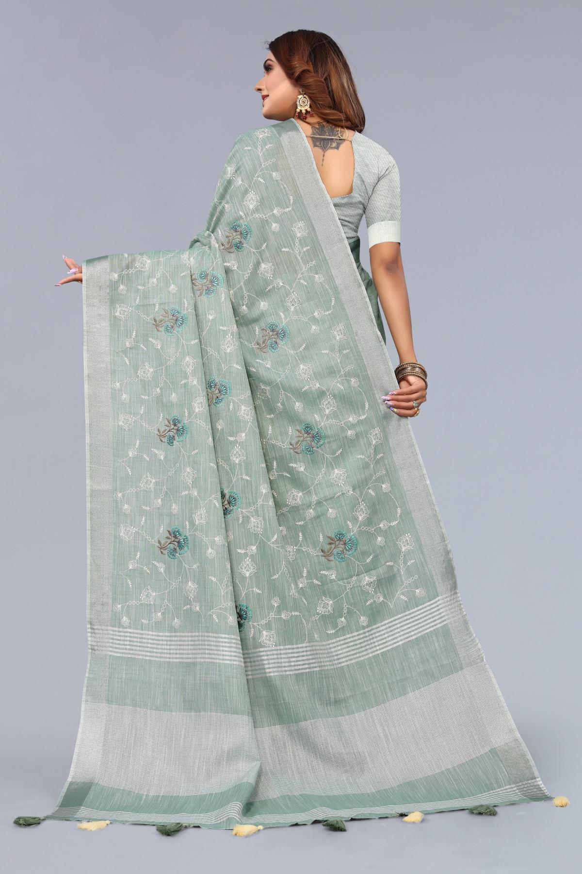 Sea Green Embroidered Cotton linen saree