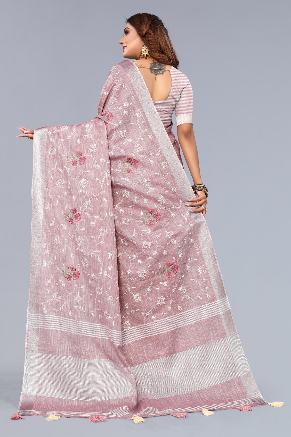 Dark Pink Embroidered Cotton Linen saree