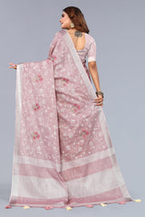 Dark Pink Embroidered Cotton Linen saree