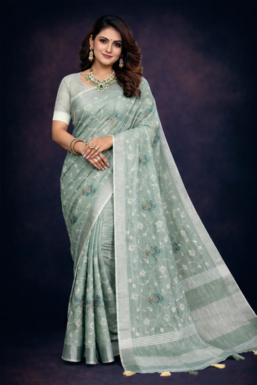 Sea Green Linen Saree With Embroidery