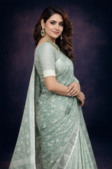 Sea Green Linen Saree With Embroidery